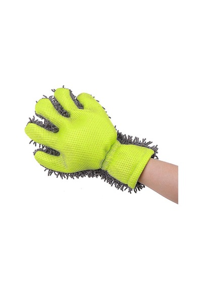 Çift Taraflı Mikrofiber Şönil Tüylü 5 Parmaklı Araba Oto Yıkama Temizlik Eldiveni Yeşil Gri Oto Aksesuarcım