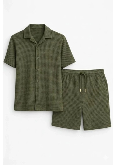 Valensdesign Erkek Waffle Kumaş Kısa Kollu Gömlek Şort Takım Regular Fit Yazlık İkili Set - Haki