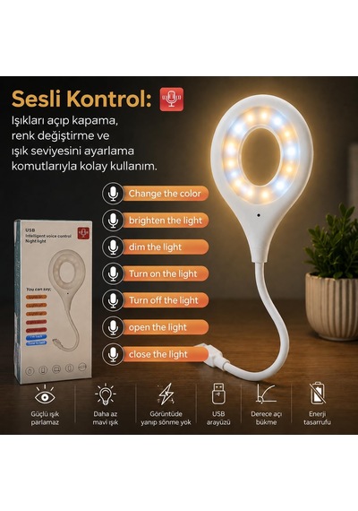Tr Usb Sesli Kontrol Gece Lambası, 3 Aydınlatma Seçeneği - Beyaz, Yumuşak Ve Dikromatik Işık, Usb Bağlantılı,
