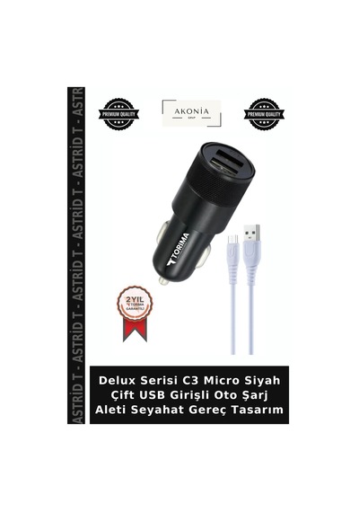 Delux Serisi C3 Micro Siyah Çift Usb Girişli Oto Şarj Aleti Seyahat Gereç Tasarım