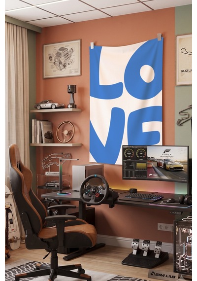 Love Mavi Tipografi Yazı Temalı Modern Dekoratif Duvar Örtüsü Duvar Halısı Beyaz
