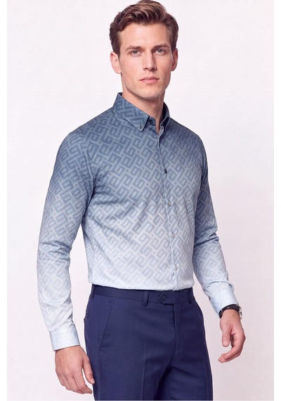 Slim Fit Düğme Yaka Desenli Mavi Gömlek G 1611