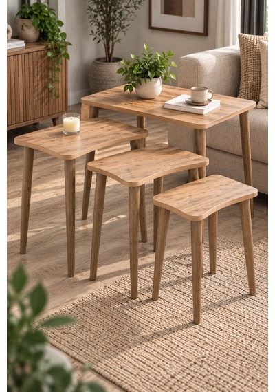 Sulorahome Torna Ahşap Ayaklı 4'lü Zigon Sehpa Takımı Çam Kahverengi Atlantik Çam