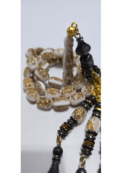 Ağır Püskül Golden Rosary Altın Parçacılı Tesbih Altın - Beyaz
