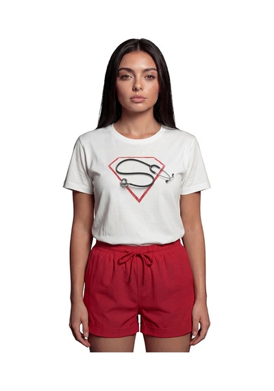 Super Doctor'' Steteskop Ve Kahramanlık Temalı Baskılı %100 Pamuk Beyaz