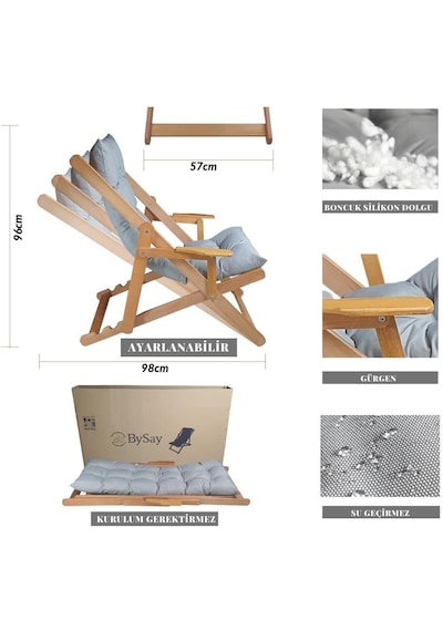 Reyo Bysay Puf Minderli Ahşap Kademeli Şezlong Bahçe&balkon&teras&plaj Katlanır Şezlong Naturel Gri