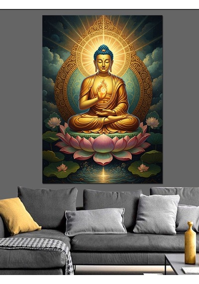 Ahşap Tablo Lotus Çiçeği Üzerinde Oturan Buda