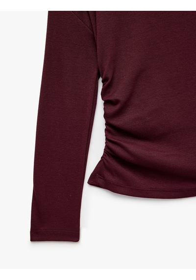 Koton Büzgülü Slim Fit Asimetrik Yaka Uzun Kollu Tişört Mürdüm 7wkg10690ak Mor