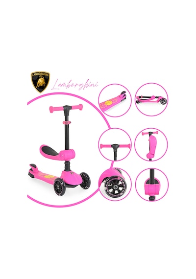 Lamborghini Lisanslı L5 2in1 Katlanabilir Oturaklı Işıklı 3 Tekerlekli Çocuk Scooter Pembe
