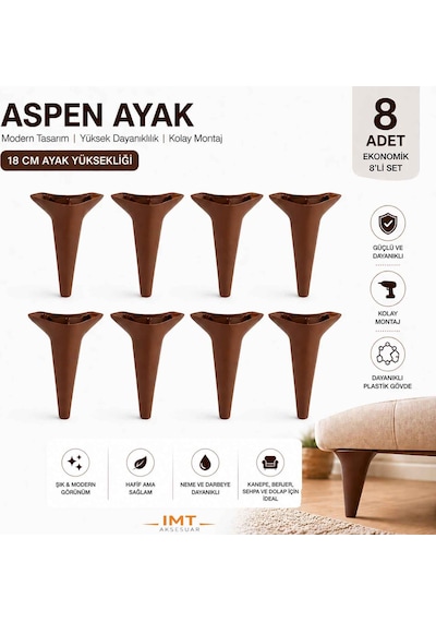İMT AKSESUAR Aspen 18 Cm Beyaz 8'li Set Ceviz Koltuk Baza Dolap Tv Ünitesi Yatak Odası Konsol Ayağı