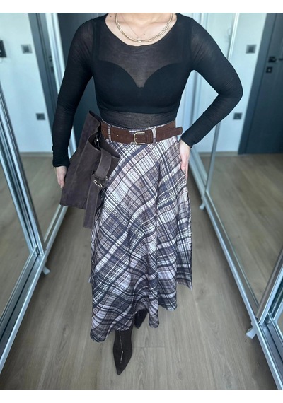 Keymoda Kadın Ekoseli Kemerli Etek Kahve Bej Kahverengi