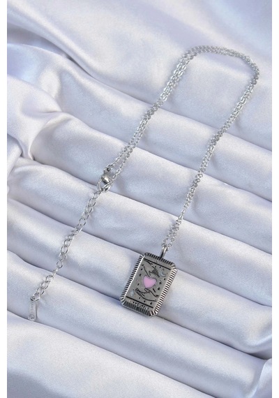 Mey İthalat 316l Çelik Zincir Eskitme Gümüş Renk Pembe Mineli Kalp Figürlü Tarot Kolye - Özel Seri Meyeb66ed479287824c9f9b0a3595