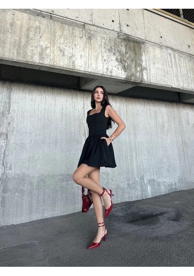 Alfanora Kolsuz Mini Elbise- Siyah