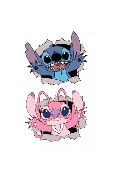 Stitch Ve Angel Yırtık Efektli Ikili Ütü İle Yapıştırılan Dtf Transfer Baskı