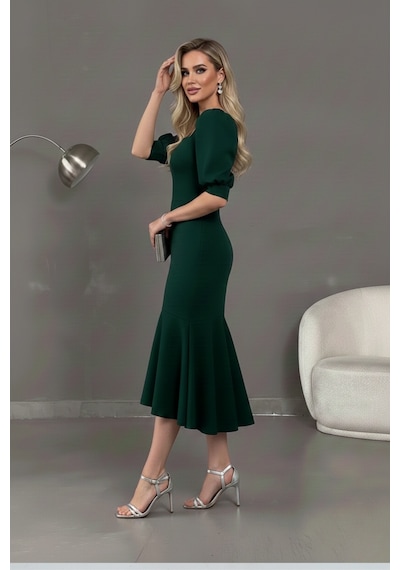 Defymoda Kadın Balık Model Cazibeli Elbise Yeşil