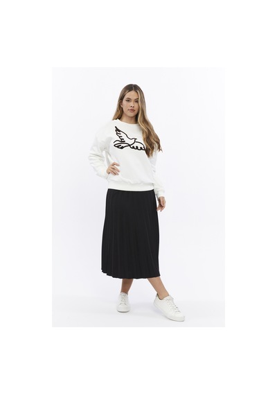 Kadife Kuş Desenli Şardonlu İçi Polarlı Ekru Regular Fit Bisiklet Yaka Kadın Sweatshirt Ekru
