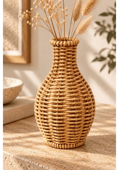 Atbyhome Doğal Hasır Rattan Amfora Çiçek Vazosu 16 Cm - Masa Üstü Dekoratif El Örgüsü Kuru Çiçeklik Vazo Kahverengi