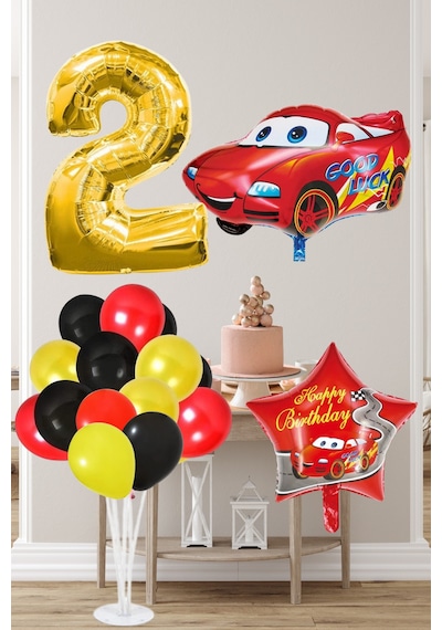 2 Yaş Yarış Arabası Temalı Gold Rakamlı Balonlu Doğum Günü Süsleme Çok Renkli