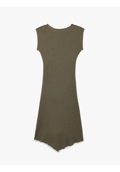 Koton Drape Detaylı Asimetrik Kesim Bisiklet Yaka Kolsuz Midi Elbise Haki 6sal80121ık Haki