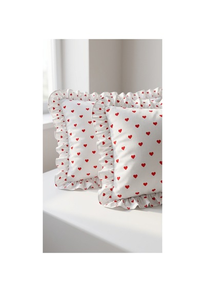 %100 Pamuklu Kalp Desenli Fırfırlı Yastık Kılıfı 2 Adet 50x70 Cm Krem - 863747383 Krem