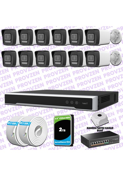 Provzen Hikvision 12 Ip 4mp Hibrit Colorvu Güvenlik Kamerası Seti Olay Anında Bildirim