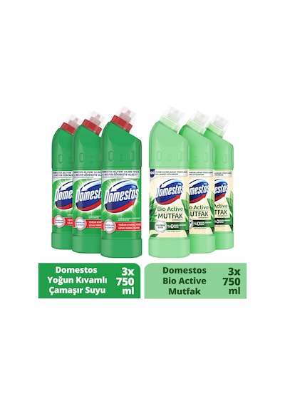 Domestos Çamaşır Suyu Dağ Esintisi 3 x 750 ML + Domestos Çamaşır Suyu Bio Active Mutfak 3 x 750 ML