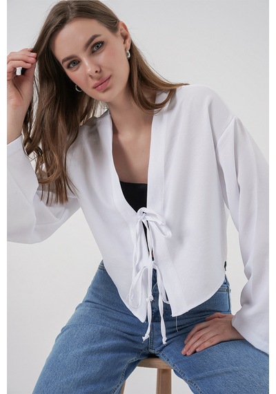 Bigdart Önü Bağlamalı Keten Kimono 960 - Beyaz