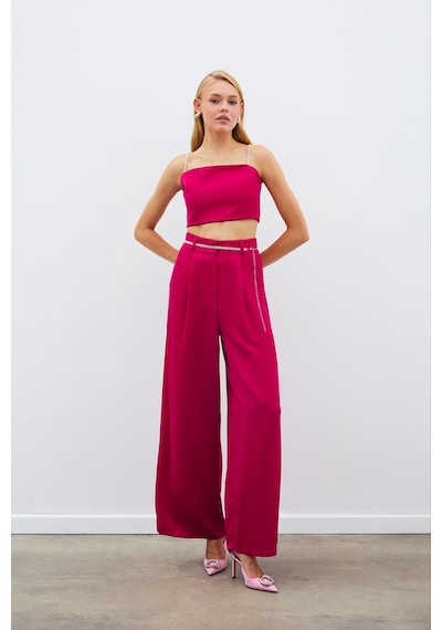 Sateen Taş Kemerli Saten Pantolon - Mercan-134979 Mercan