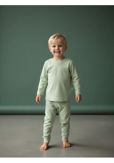 Zekids Erkek Çocuk Organik Pijama Takımı-16604 Yeşil