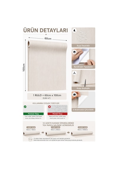 Deconitte Premium Açık Bej Meşe Ahşap Desenli Kendinden Yapışkanlı Pvc Mobilya Dolap Tezgah Kaplama Folyosu 60x100 Cm