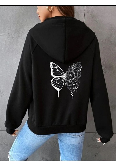 Altamira Unisex Siyah Kelebek Sırt Baskılı Ince Mevsimlik Kapşonlu Oversize Hırka 001