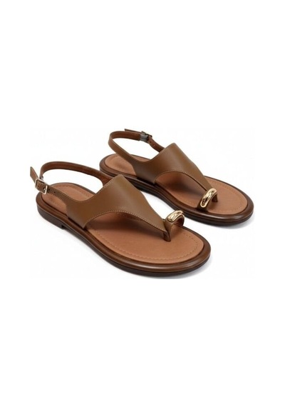 Ne&ve Shoes Taba Hakiki Deri Aksesuar Detaylı Parmak Arası Kadın Arkadan Tokalı Sandalet