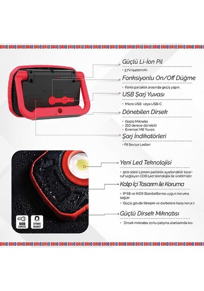 Brio Usb Şarjlı Led Fener Lamba 1000 Lümen Güçlü Işık Tamirci Feneri