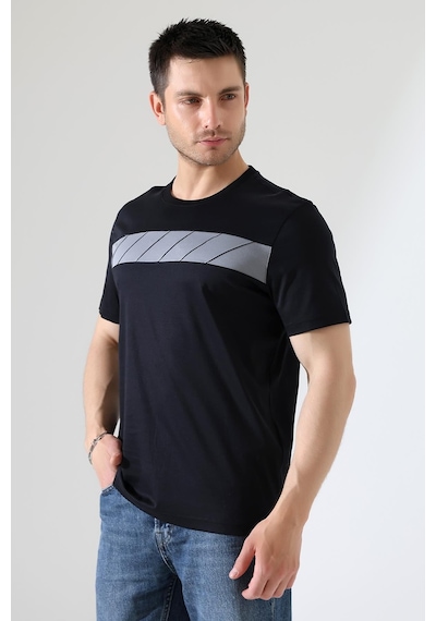 Rıbana Classıc Erkek İki Renk Parçalı Bisiklet Yaka T-shirt - Pamuklu Tişört Siyah
