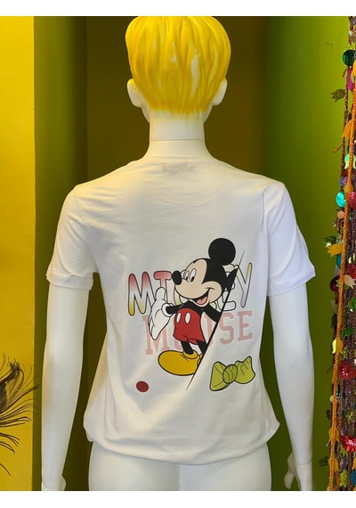 %100 Pamuk Basik Bisiklet Yaka Örme Mickey Mause Minny Mause T-shirt Beyaz