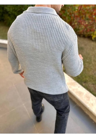 Kazak Örme Oversize Tüylenmez Naturel Pamuk Fermuarlı Polo Yaka Triko Kazak Ekru