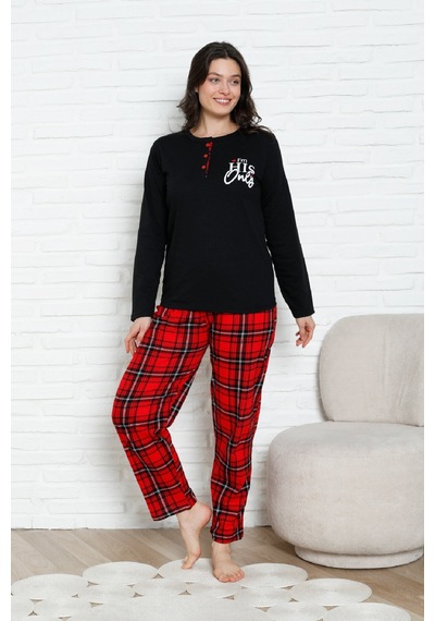 Enisena Kadın Pijama Takımı - Ekose Altlı- Eş Versiyonlu -12581 Siyah
