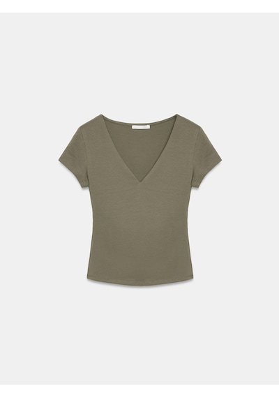 Dilvin 32840 V Yaka Basic T-shirt-haki