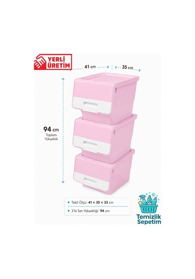 3 Katlı Tekerlekli Kapaklı Saklama Kutusu, Eşya Ve Erzak Organizer 3x12 Litre Pembe Pembe Pembe