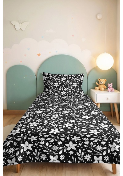 Siyah Çiçekli Modern Genç Odası Tek Kişilik Pike Takımı-beyaz Floral 160x220cm Kapitone Yatak Örtüsü Buharlı Rota İzi