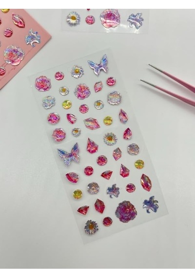 Holografik Çiçek Ve Kelebek Pembe Paket Tek Yaprak 42 Adet Taş Sticker Seti/etiket/çıkartma 1