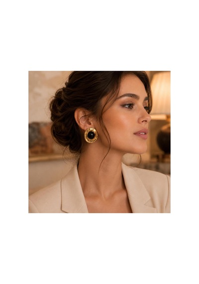 Gold Oval Formlu Siyah Taşlı Kadın Küpe Siyah - 886705037 Siyah - 886705037 Siyah