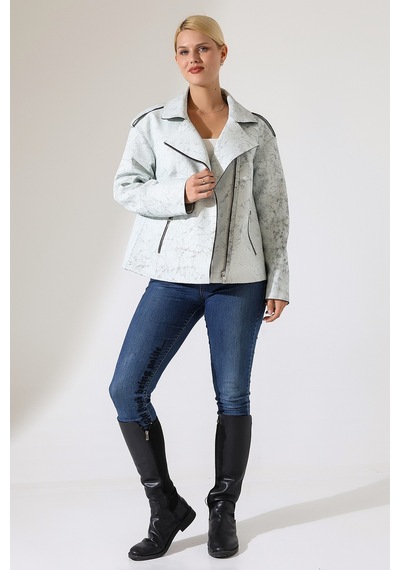 M M Marki Marki Kadın Hakiki Deri Ceket, Beyaz, Oversize, 73 Cm, İngiliz Yaka, Fermuarlı Gri