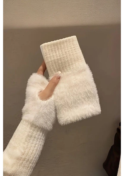 Hitit Socks Kadın 1 Çift Kışlık Parmaksız Termal Esnek Polarlı Peluş Eldiven Beyaz