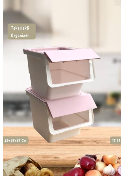 2 Li Tekerlekli Patateslik Soğanlık Erzak Kutusu Organizer Sebzelik Beyaz-pembe 24 Lt Pembe-beyaz