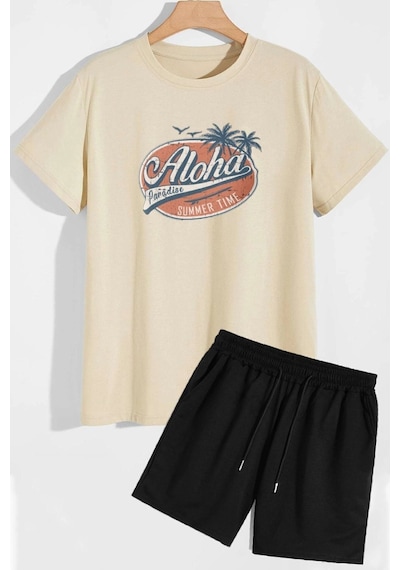 Uyguntarz Aloha Şort T-shirt Eşofman Takımı Bej