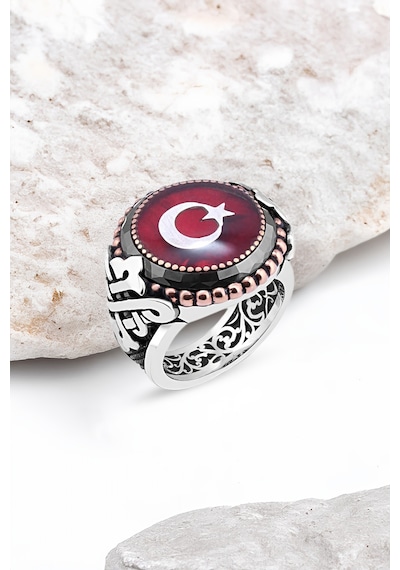 Mineli Türk Bayrağı Kenarı Çember Taşlı Gümüş Erkek Yüzük -4703