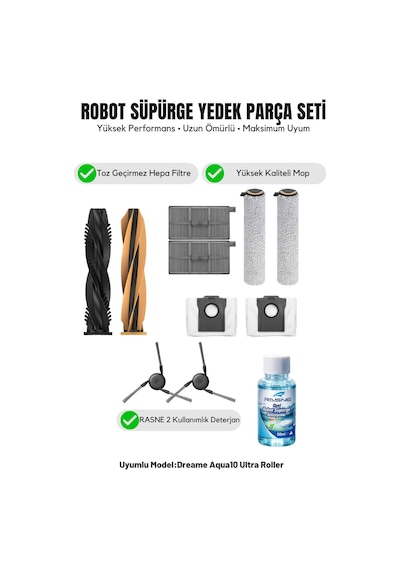 Dreame Aqua10 Ultra Roller İle Uyumlu 1 Ana Fırça 2 Yan Fırça 2 Filtre 2 Mop 1 Deterjan 2 Toz Torbası 7.0