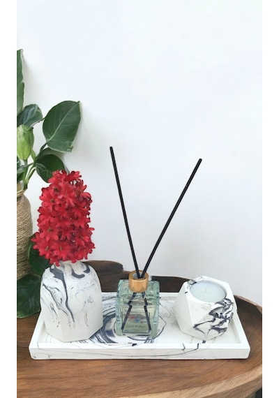 Mermer Desenli Mum Ve Vazo Seti - Vazo Oda Kokusu Tealight Mumluk Ve Mum Dikdörtgen Tepsi Beyaz - Siyah