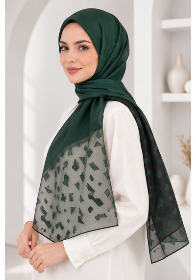 Bihan Store Desenli Jakarlı Tesettür Şal - Hafif Ve Nefes Alan Dokulu Başörtüsü 1862-yağ Yeşili